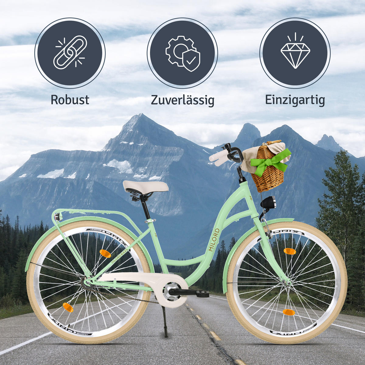 CITY-FAHRRAD Milord mit Weidenkorb, 28 Zoll, Mintze, 1-Gang - Creme/Grün, Metall (46cm) - Milordbikes