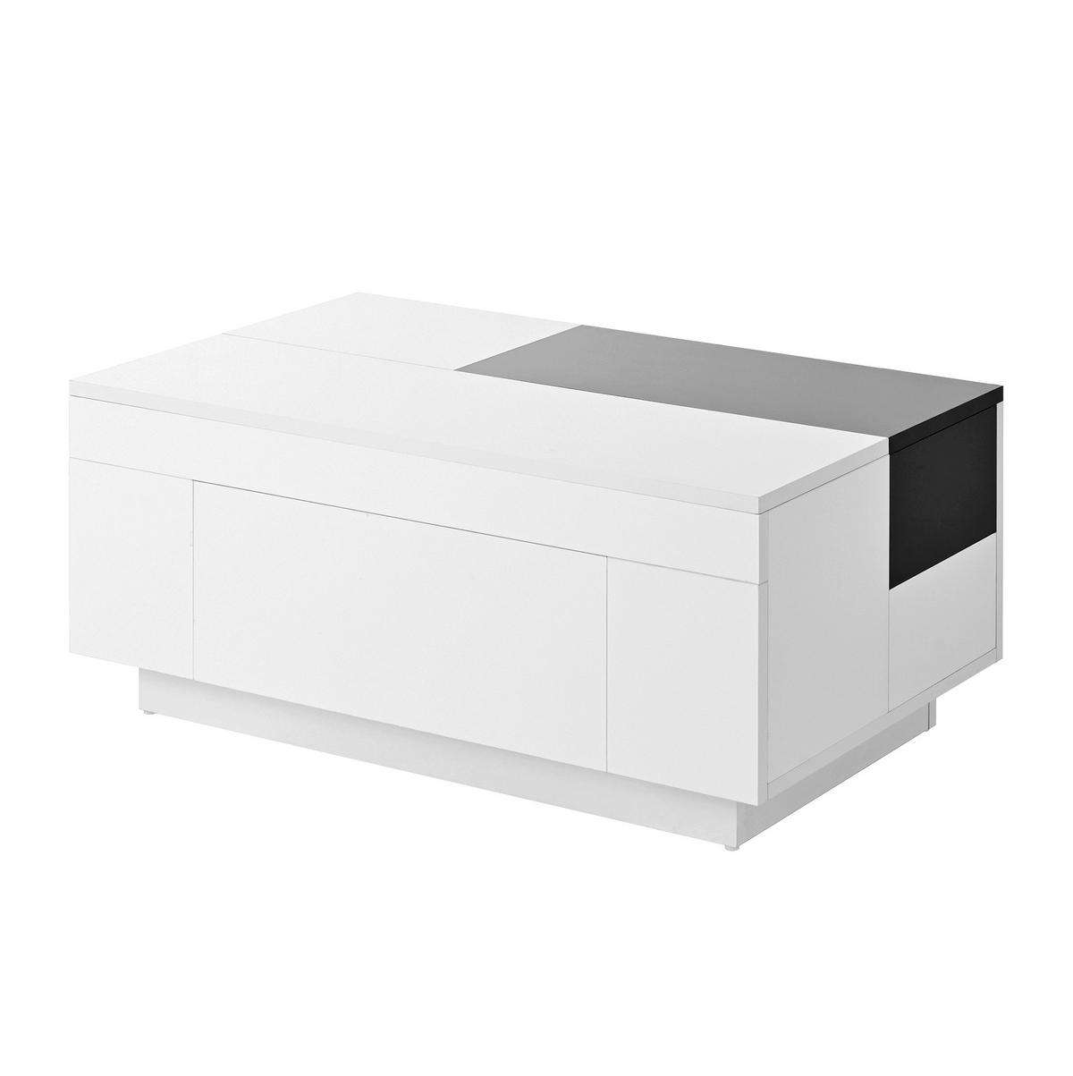 COUCHTISCH 80/50/35,5 cm mit LED-Beleuchtung, ausziehbarer Tischplatte, Schublade und Hochglanz-MDF, Schwarz/Weiß - Weiß, Holzwerkstoff (80/50/35.5cm) - Redom