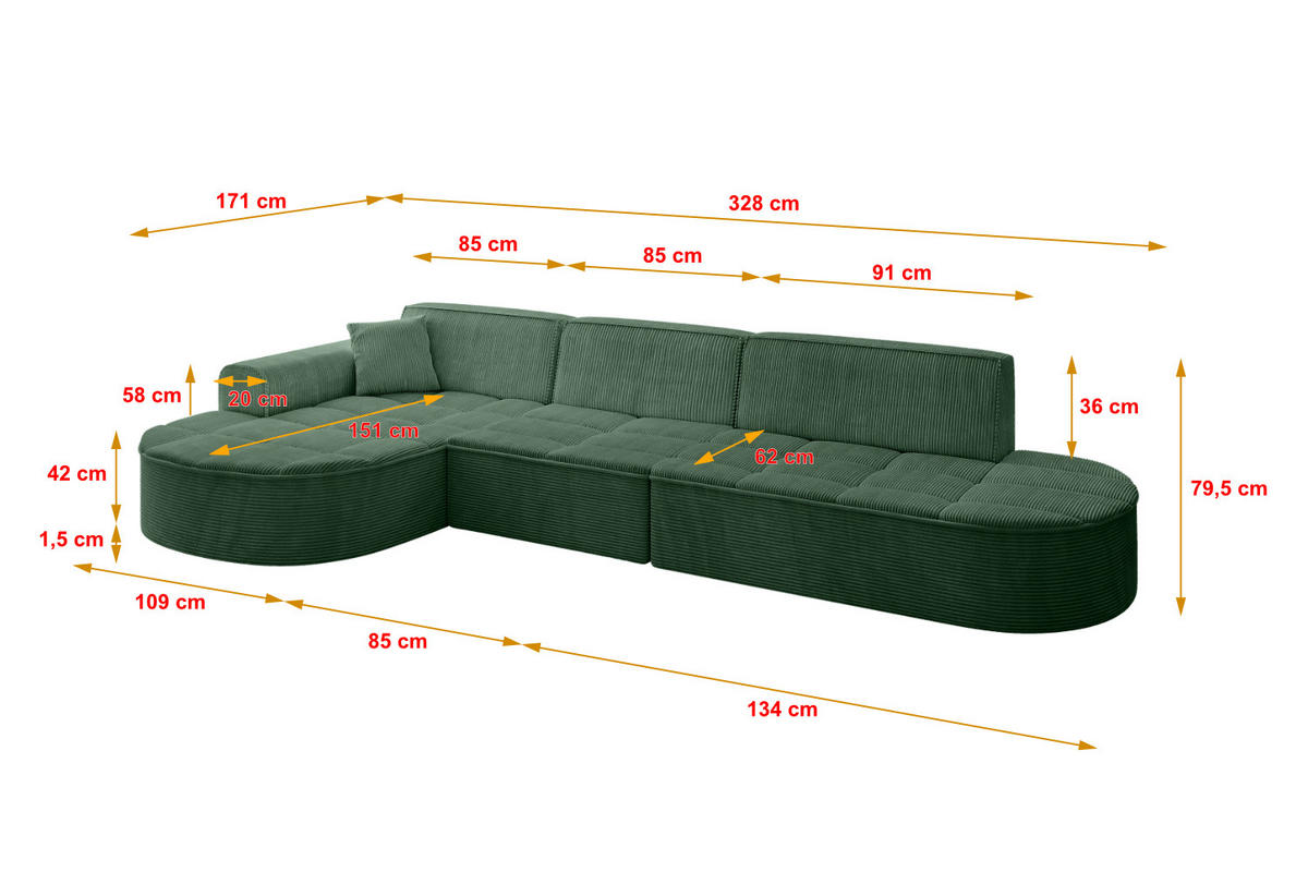 ECKSOFA Ottomane Links TARO-L2 - 328x171x79,5 cm Grün - Grün, Holzwerkstoff/Textil (328/171cm) - ALTDECOR
