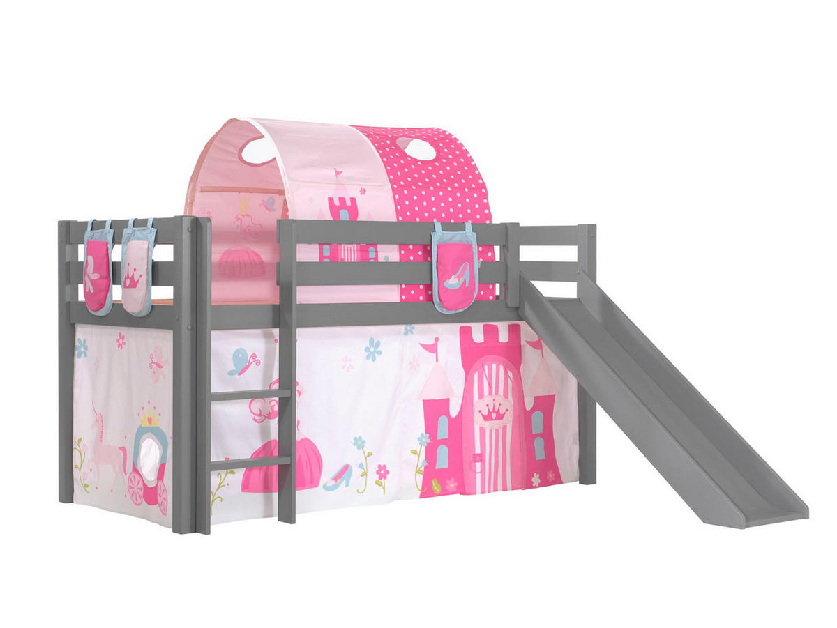 HOCHBETT mit Rutsche Karolina Massivholz Grau Textilset Princess 4 - Magenta/Grau, Holz (90/200cm) - 58aufmkessel
