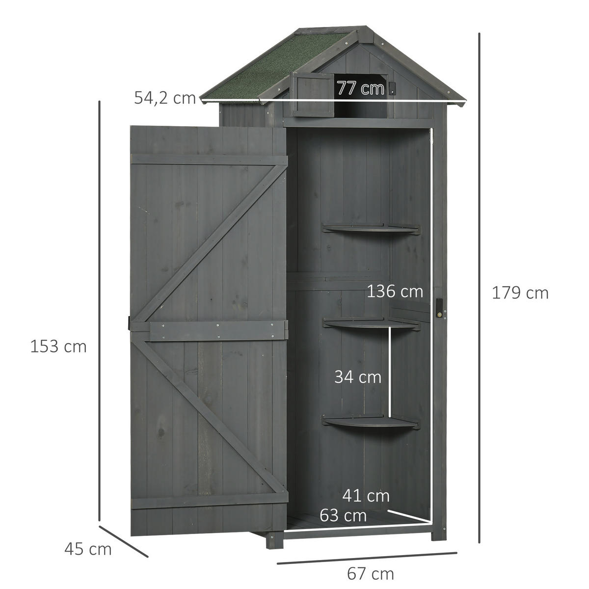 GARTENSCHRANK Gerätehaus Geräteschuppen, mit Fachböden, Asphaltdach, Holz, Grau+Grün - Grau/Grün, Holz (54.2/179/77cm) - Outsunny