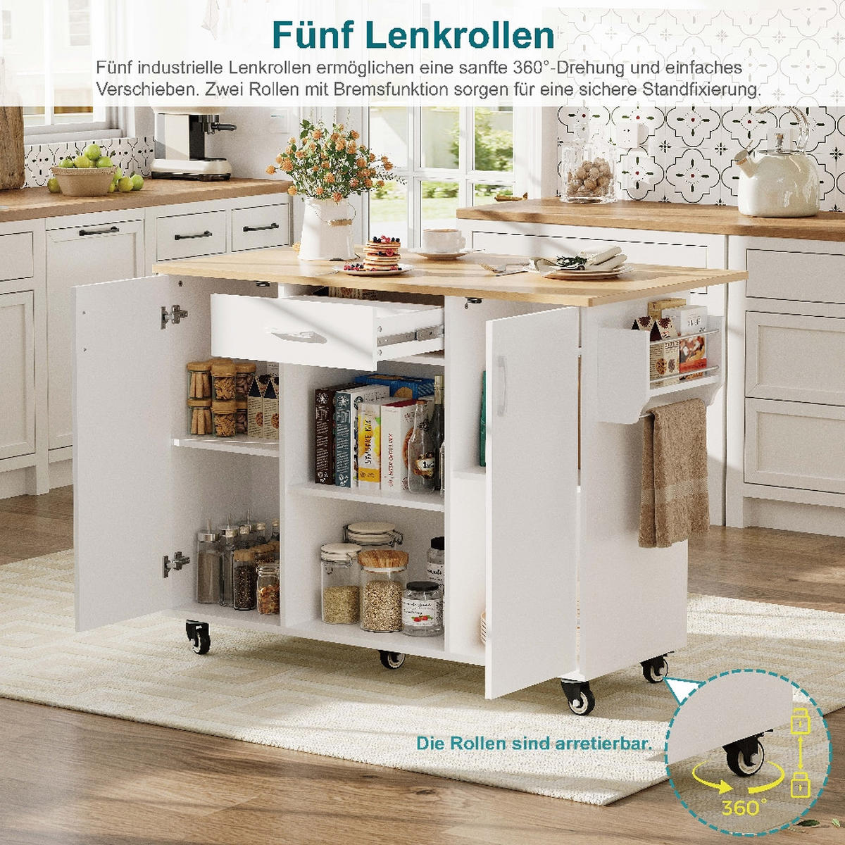 KÜCHENINSEL auf Rollen mit klappbarer Arbeitsplatte, Weiß-Eiche, 136,5/67,5/92,8 cm - Weiß, Kunststoff (67.5/92.8/136.5cm) - Rolipo