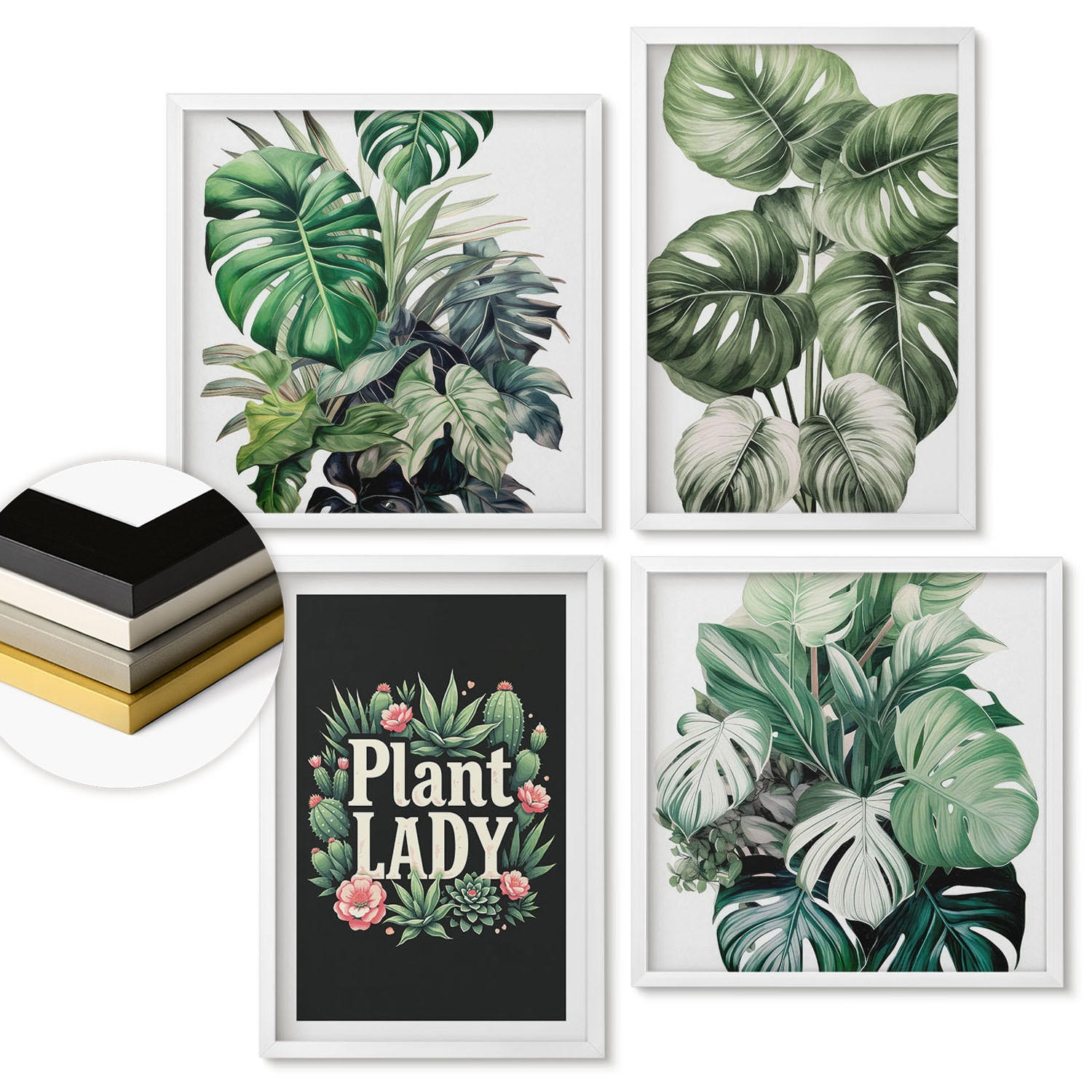 WANDBILDER 4er-Set - 50x50 cm & 40x60 cm Weißer Rahmen - Tropische Pflanzen, Pflanzenliebhaberin - Weiß, Kunststoff (50/50cm) - ArtPrintCave