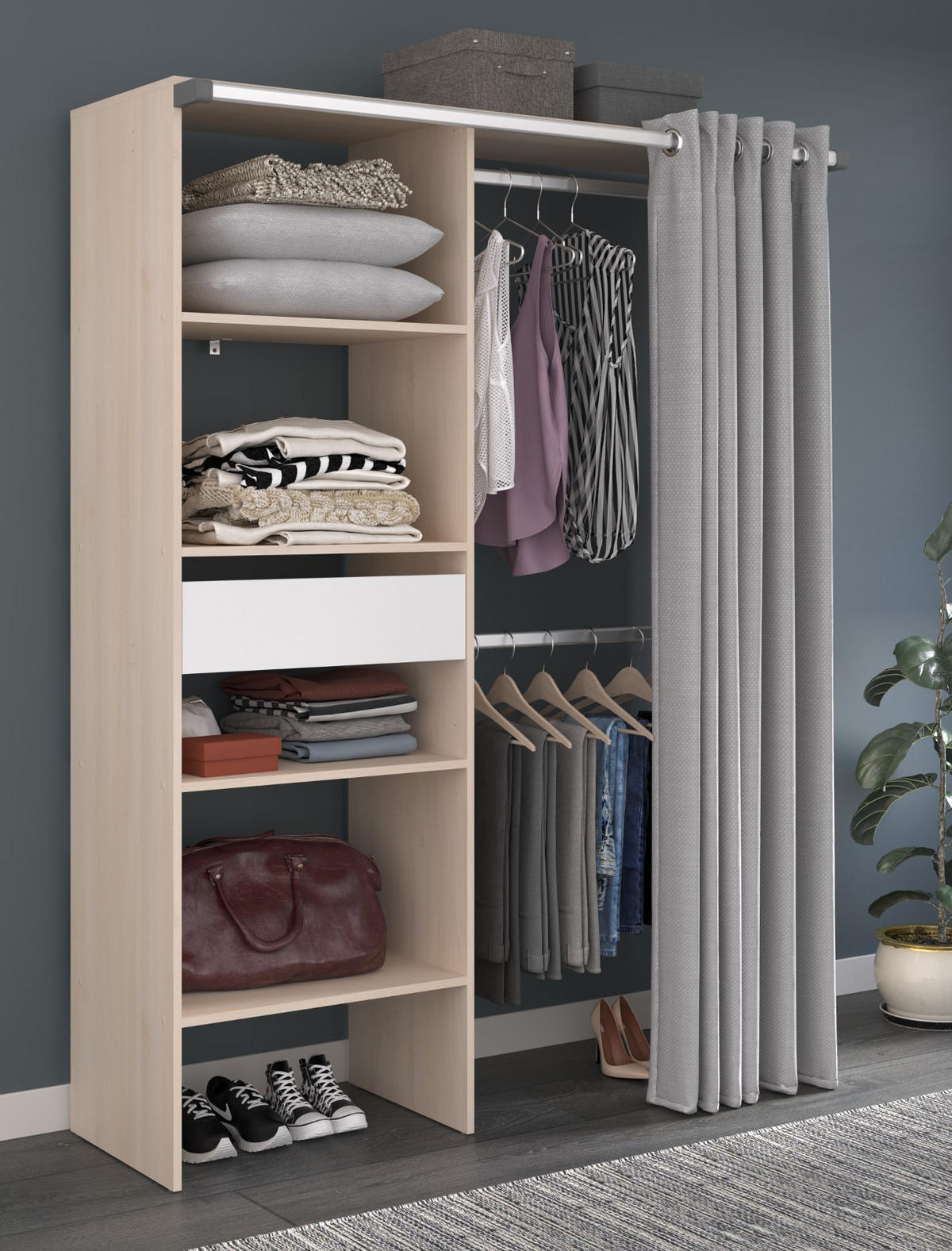 KLEIDERSCHRANK Akazie, grau, Mehrzweckschrank 143 cm mit Vorhang - Akaziefarben/Grau, Holzwerkstoff/Metall (143/182/48cm) - Parisot Meuble