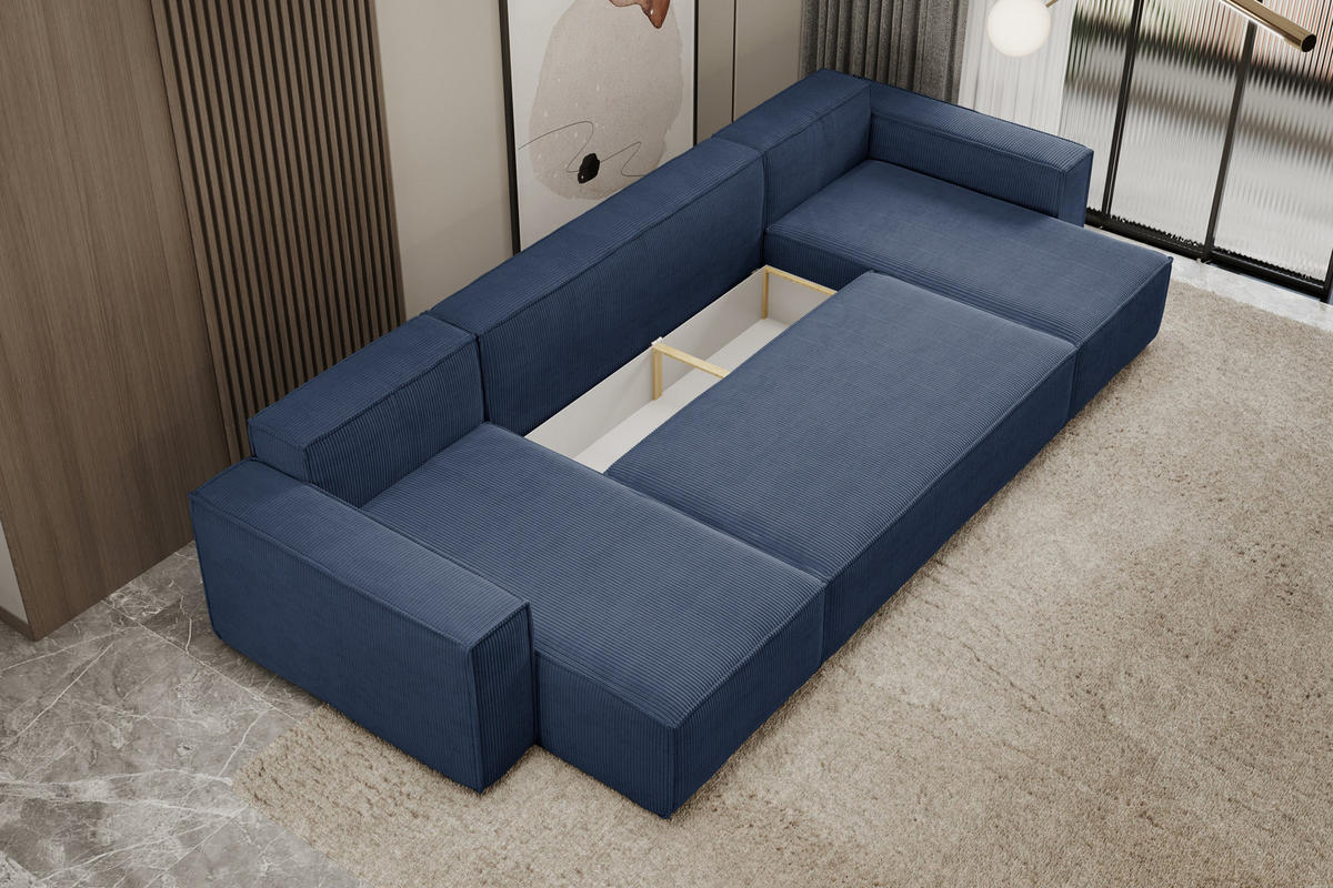 WOHNLANDSCHAFT Hugo U-Form Cordstoff mit Schlaffunktion und Bettkasten - Dunkelblau, Textil (312/83/142cm) - VENASI MÖBEL