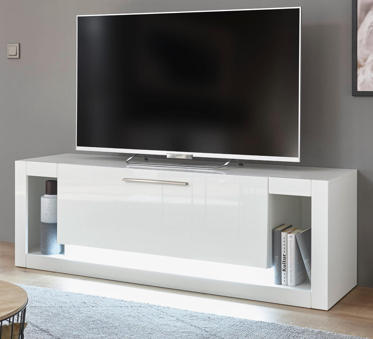 TV-LOWBOARD weiß Hochglanz 150 cm, TV-Unterteil mit 6 Fächern - Weiß Hochglanz/Silberfarben, Holzwerkstoff/Kunststoff (150/49/43cm) - Furn.Design