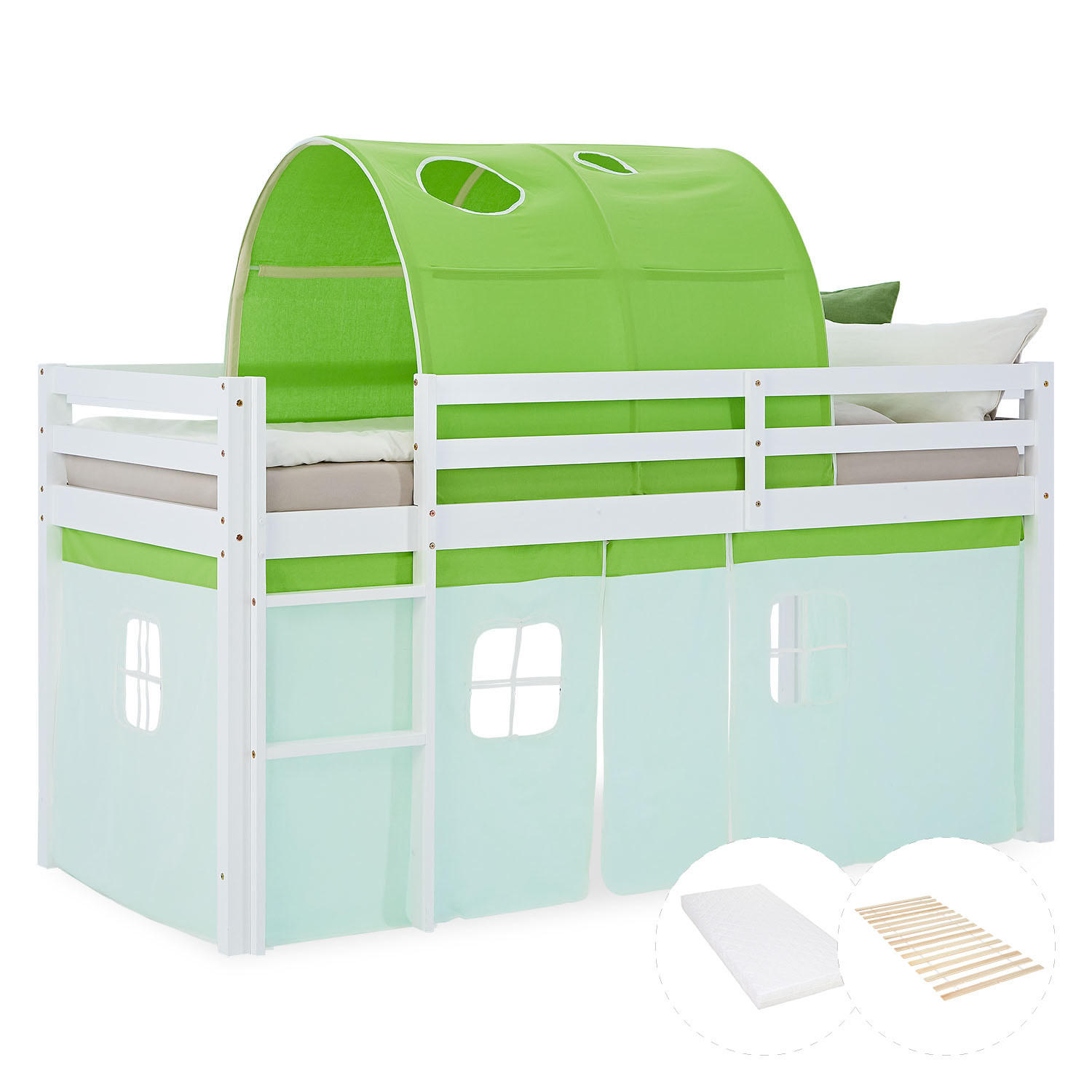 Homestyle4u Hochbett Grün, Weiß 90x200 cm