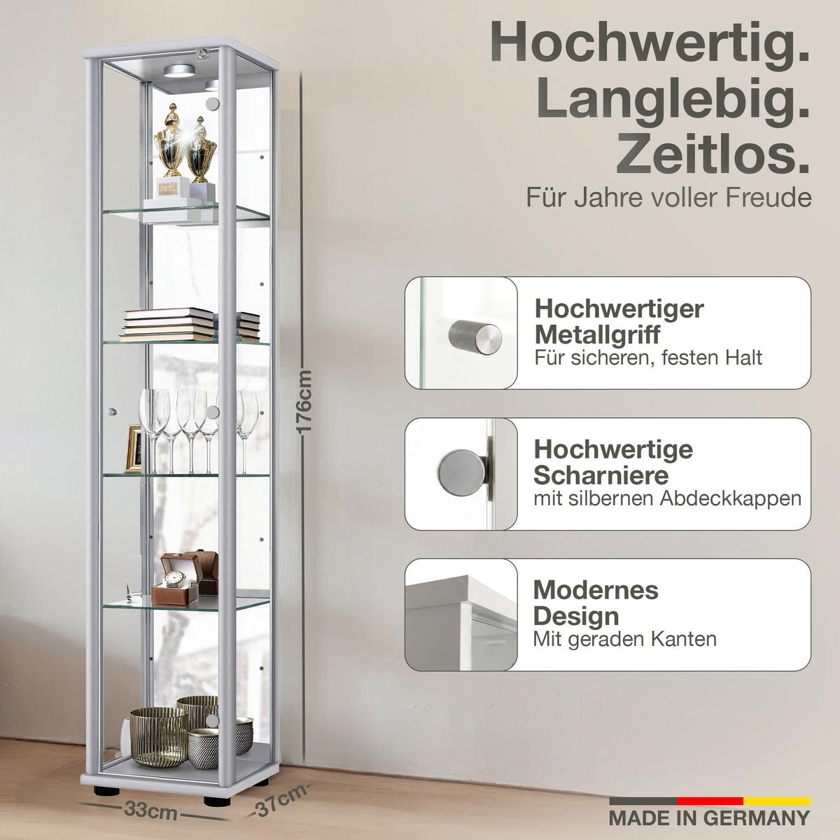 GLASVITRINE 33/37/176 cm mit Spiegel, LED, Schloss & 4 höhenverstellbaren Glasböden - Transparent/Silberfarben, Glas/Holzwerkstoff (37/176/33cm) - K-Möbel