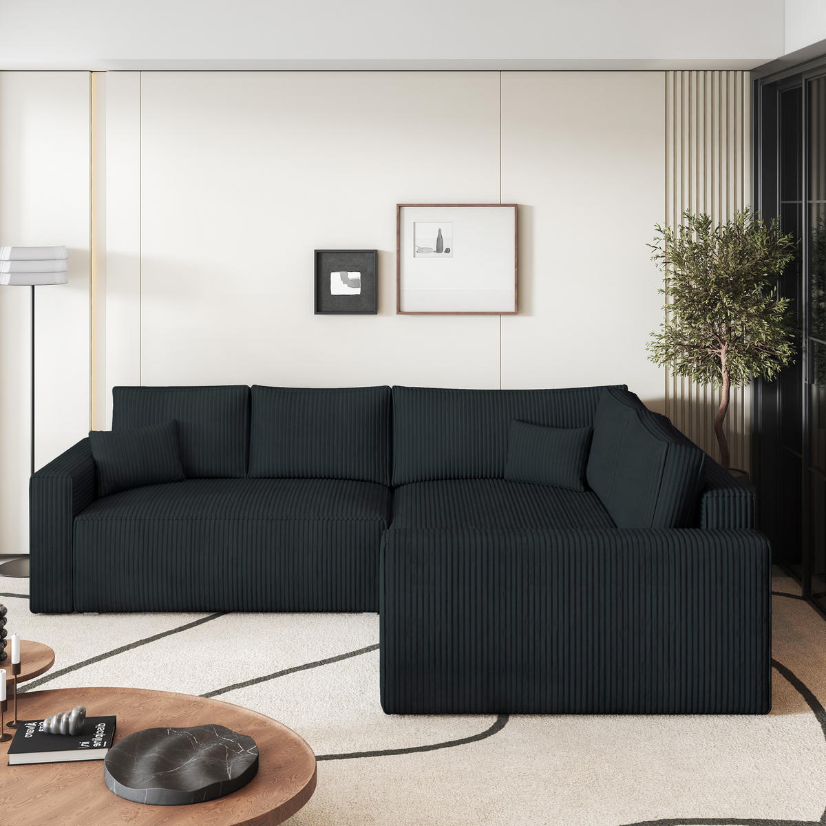 ECKSOFA ERONIS R-S Schwarz Kordstoff mit Schlaffunktion - Schwarz, Holz (265/194cm) - MASSENO