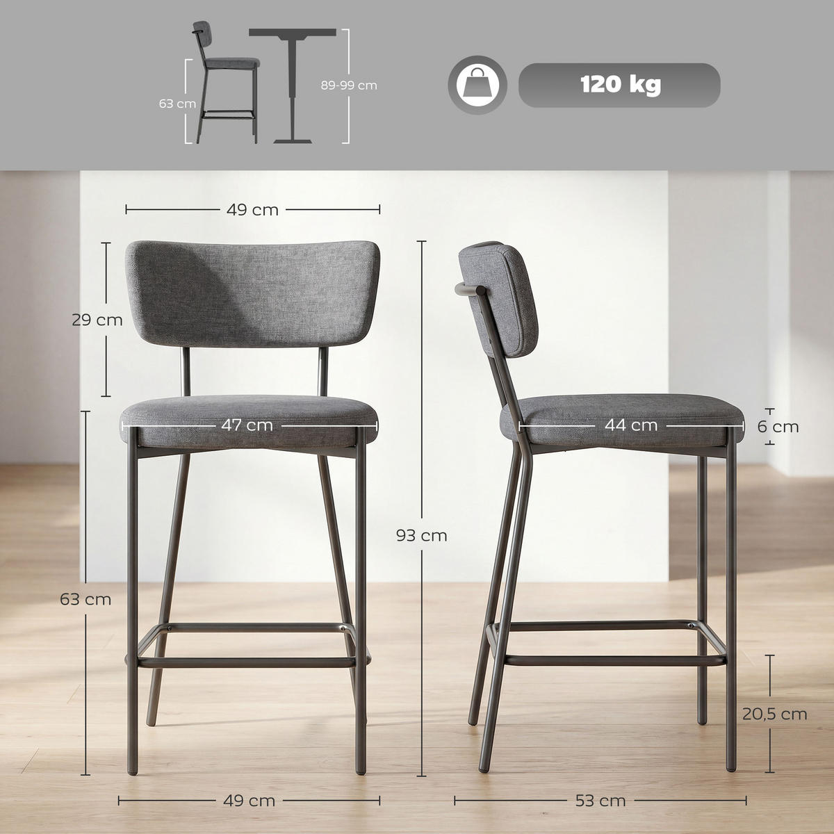 BARHOCKER 2er-Set DE-08043 mit geschwungener Rückenlehne Grau - Grau, Metall (49/93/53cm) - ComfortXL