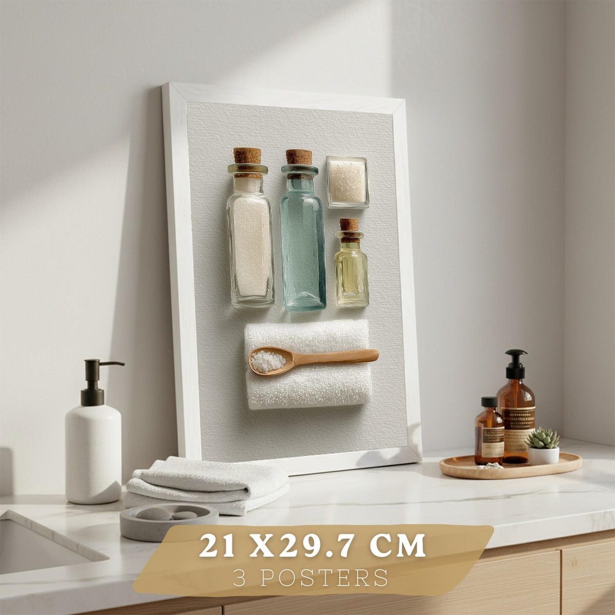 POSTER 3er-Set dekorative Badezimmer-Wandbilder und für Waschbecken, Dusche, WC mit Flaschen, Badesalz und Handtüchern, Naturstil Weißer Rahmen A4 - Weiß, Papier (29.7/21/3cm) - Nacnic