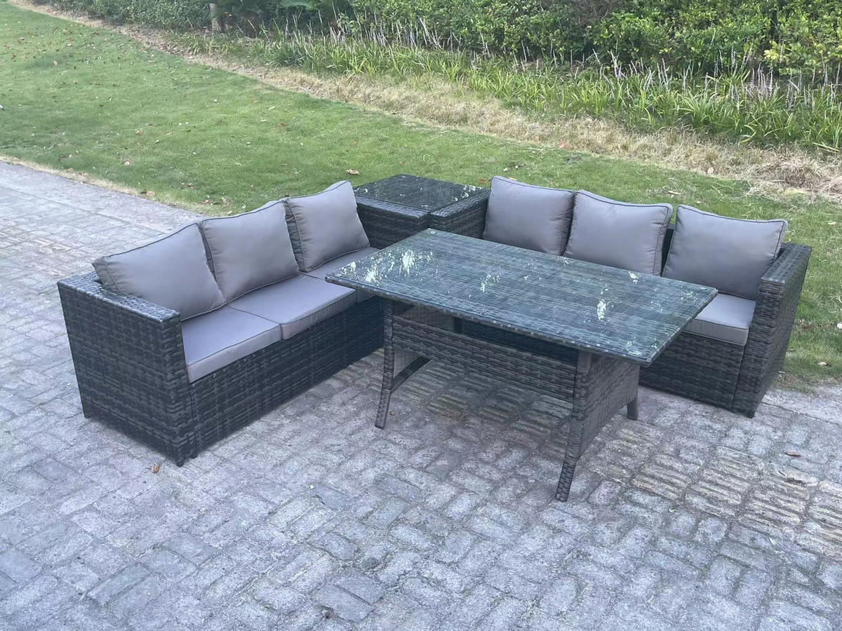 LOUNGEGARNITUR mit Beistelltisch Polyrattan Dunkelgrau 6-Sitzer - Dunkelgrau/Grau, Glas/Kunststoff - Fimous