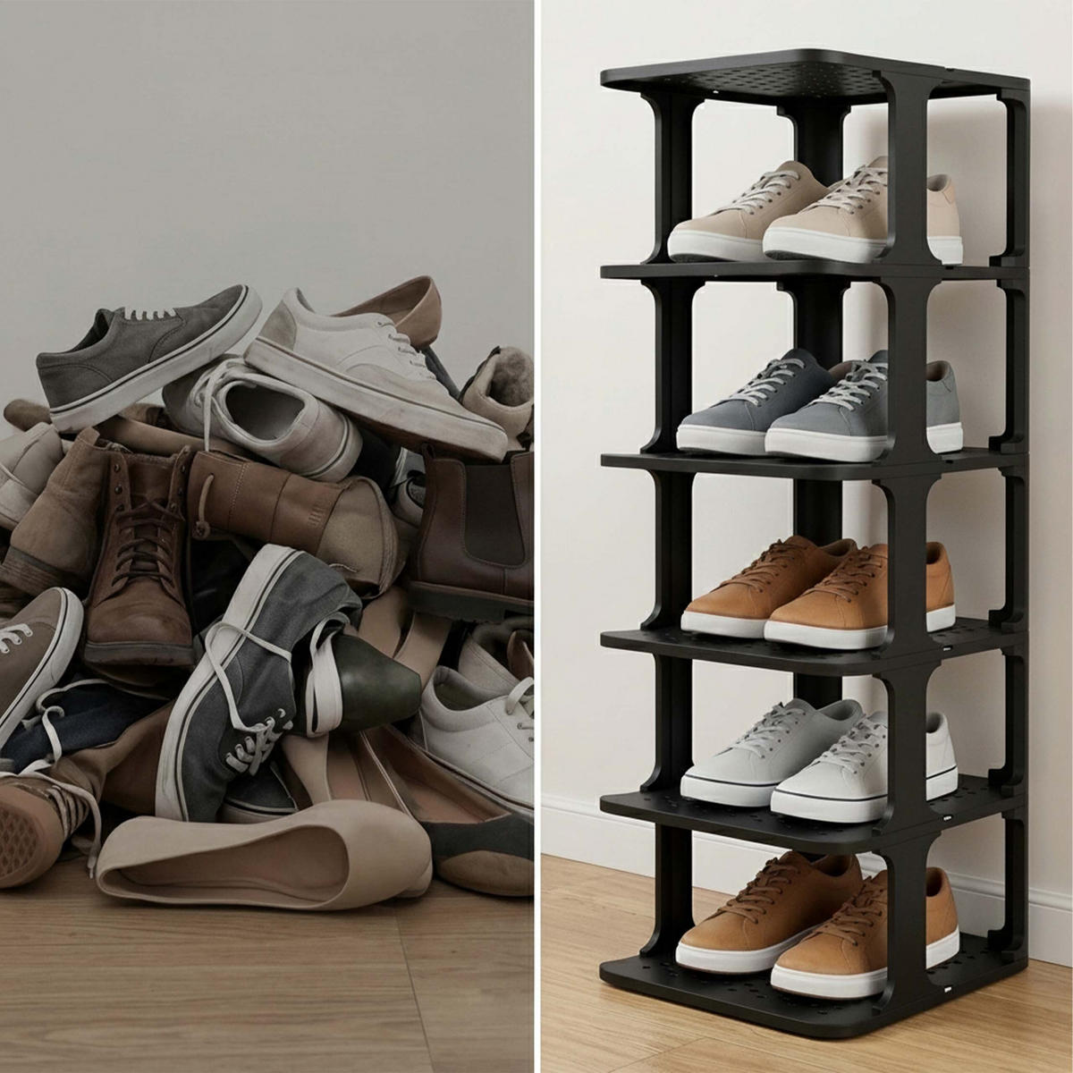 SCHUHREGAL Schwarz stapelbar 6er-Set 91 cm - Schwarz, Kunststoff (26.5/91/30.5cm) - Relaxdays
