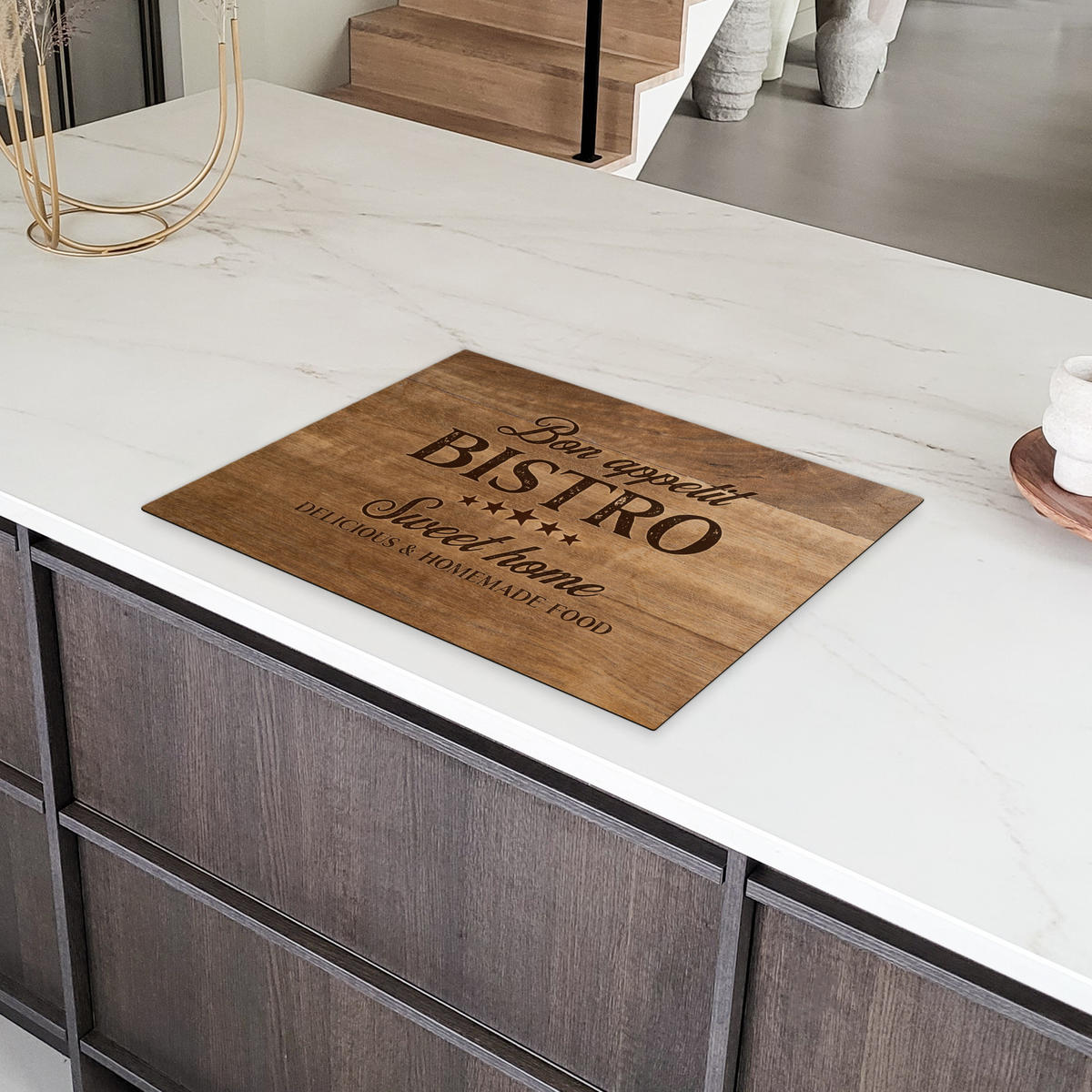 HERDABDECKPLATTE Zitat - Bistro - Guten Appetit - Süßes Zuhause - Holzmaserung 71x52 cm - Braun, Kunststoff (71/0.2/52cm) - MuchoWow