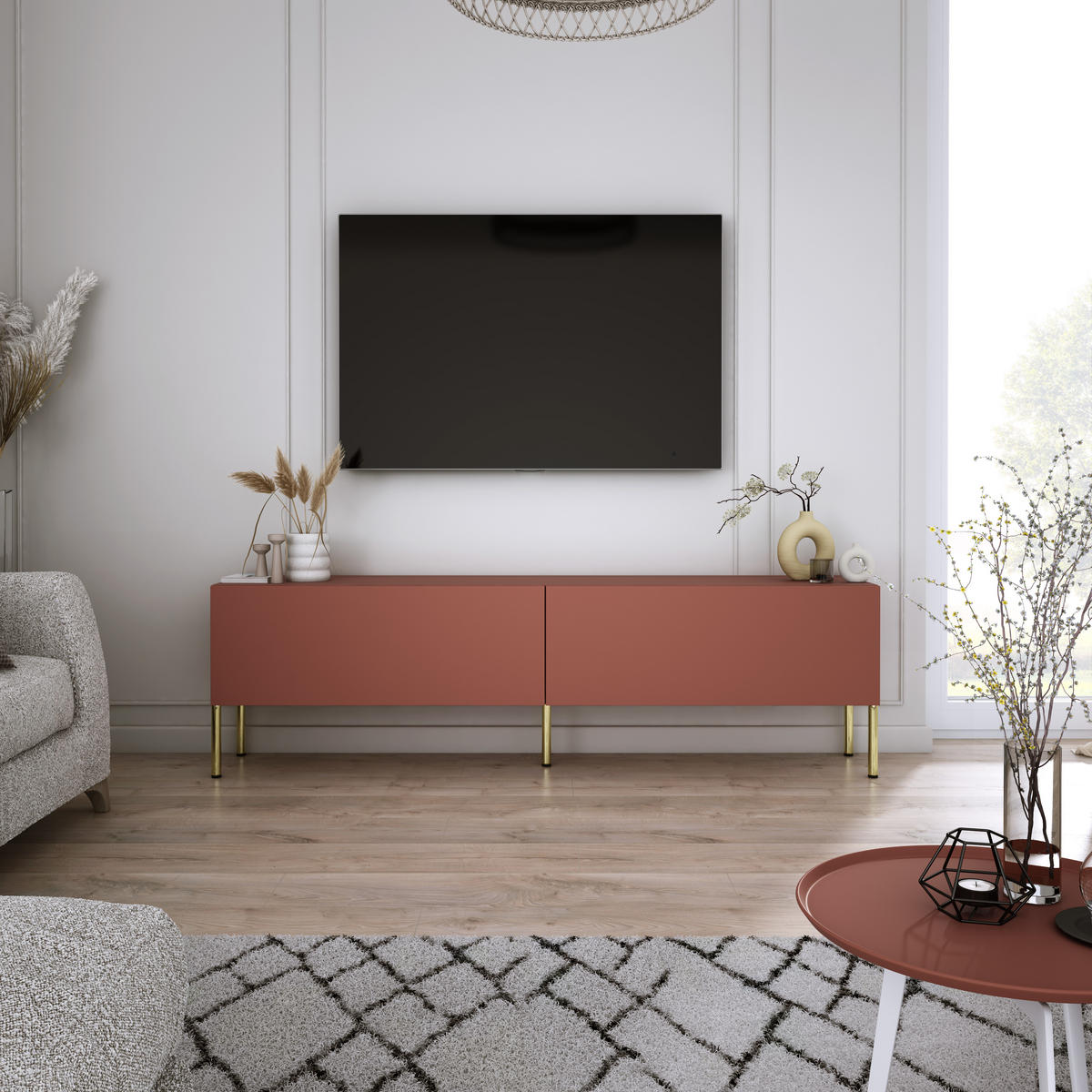 TV-SCHRANK : Ziegelrot, 140 x 52 x 32 cm, Goldene Beine - Rot/Goldfarben, Holzwerkstoff/Metall (140/52/32cm) - 3XE LIVING
