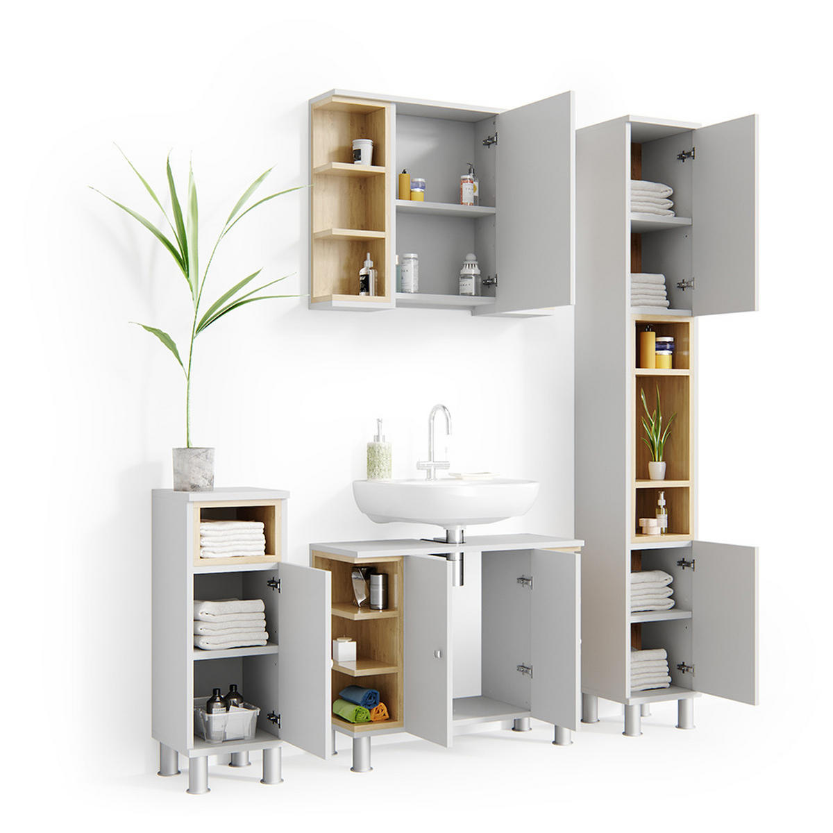 BADMÖBEL-SET Aquis Weiß/Sonoma 4 Teile - Weiß, Holzwerkstoff (79.6/64/32cm) - Vicco