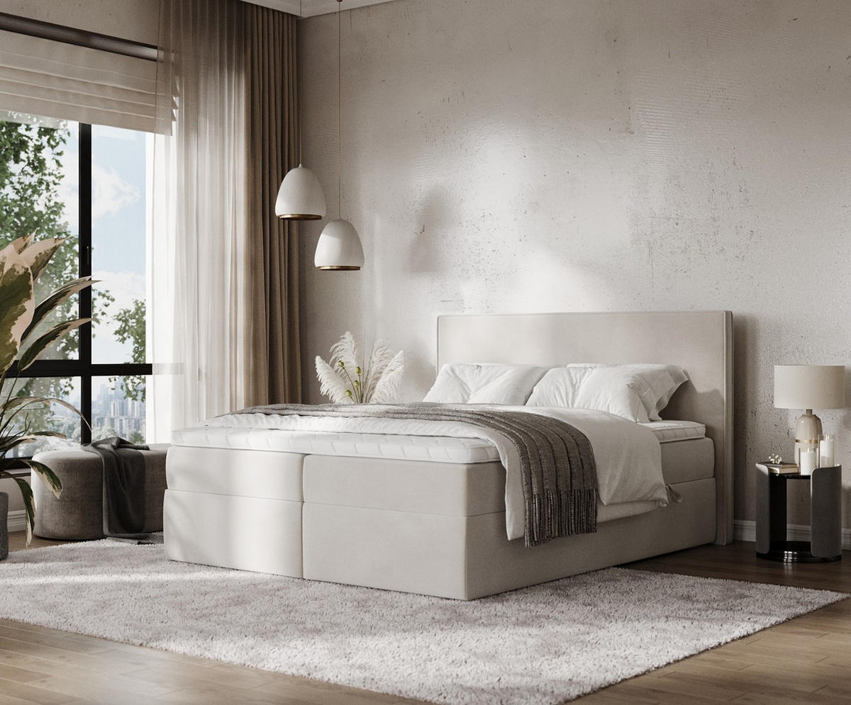 BOXBETT Nuvia 140/200 cm Hellbeige im Paros Stoff - Beige/Schwarz, Holz/Holzwerkstoff (140/200cm) - AltaBeds
