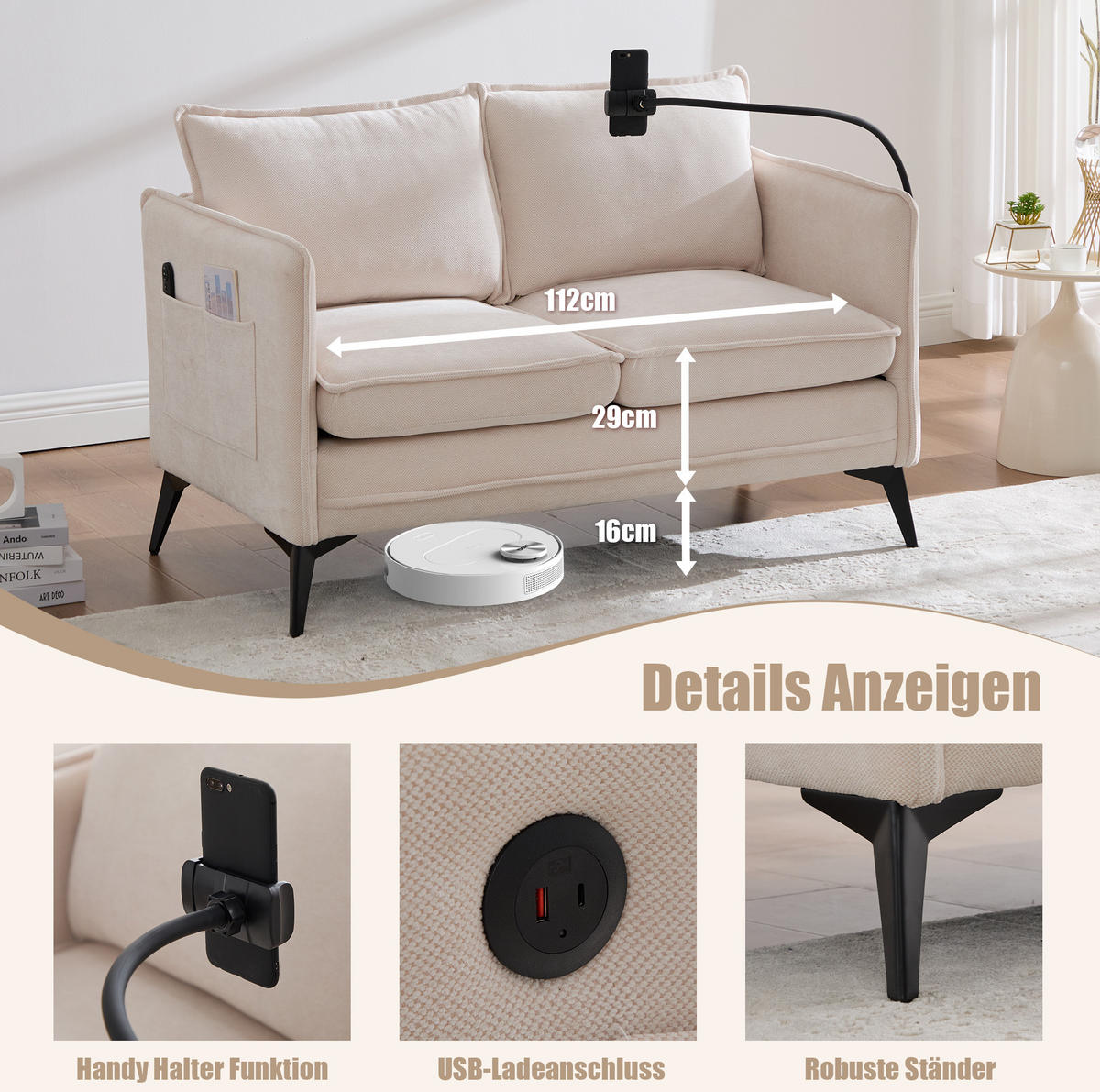 2-SITZER Sofa Chenille mit Handyhalter und Seitentaschen 127/69/66 cm Beige - Beige, Textil (66/127/69cm) - Redom