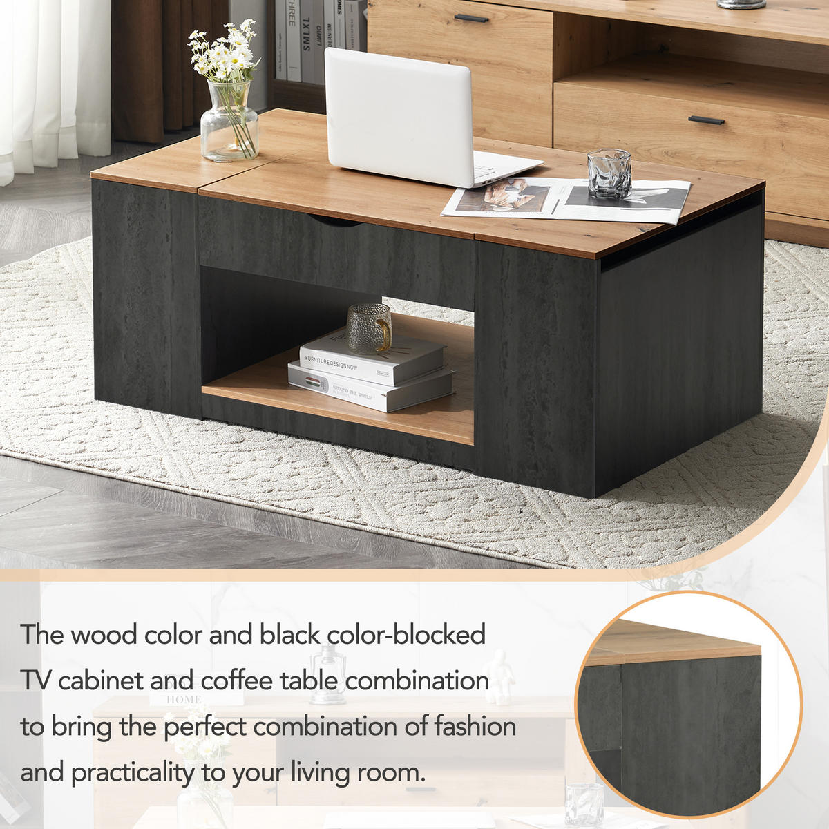 COUCHTISCH 109,5/59,7/43 cm grau braun aus Holzwerkstoff mit Liftfunktion und Stauraum - Grau, Holzwerkstoff (109.5/59.7/43cm) - OKWISH