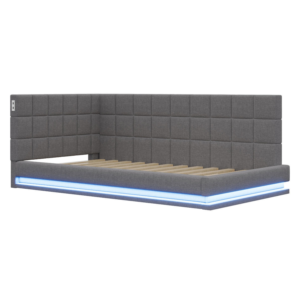 POLSTERBETT 90/200 cm mit LED-Beleuchtung & USB-Steckdose aus Leinen Grau - Grau, Textil (90/200cm) - OKWISH