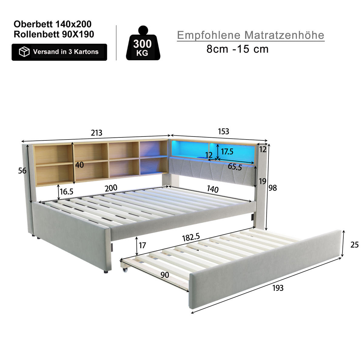 POLSTERBETT 90/140x200 LED USB Stauraum Hellgrau - Weiß, Textil (140/200cm) - FLIEKS