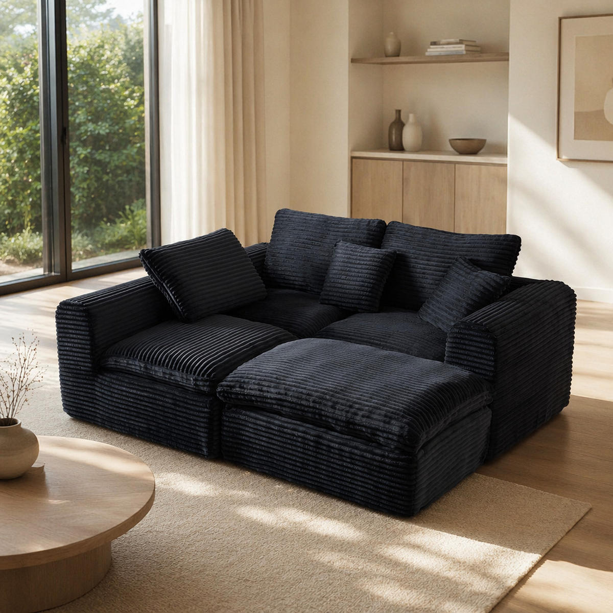 ECKSOFA 280/180/65 cm Bleu-noir Cord mit 1 Fußhocker - Multicolor, Textil (180/280cm) - Oxeza