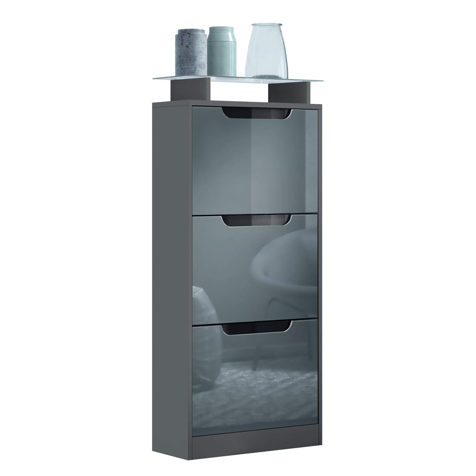 SCHUHSCHRANK Space Grau Hochglanz - Grau, Holzwerkstoff (46/128/23cm) - Vladon