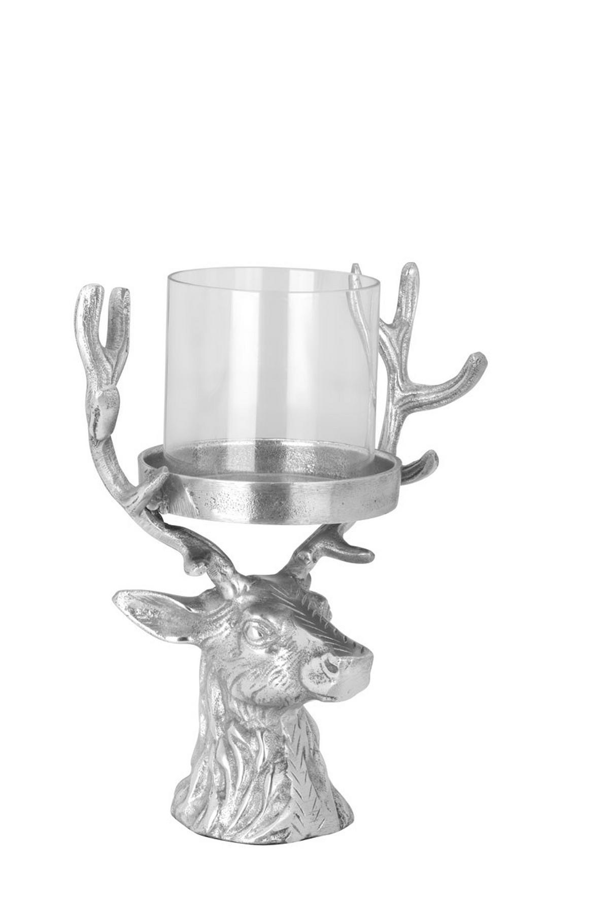 WINDLICHT Hirschkopf Aluminium H 28 cm, Glas Ø 12,5 cm - Silberfarben, Paraffin (21/15/28cm) - Hermann Bauer jun. Kollektion GmbH