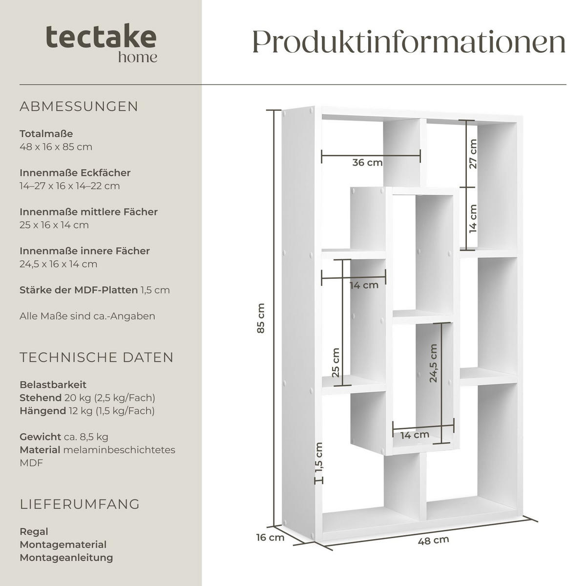 WANDREGAL Kassandra, 85 x 48 x 16 cm, weiß - Weiß, Holz (48/16/85cm) - tectake