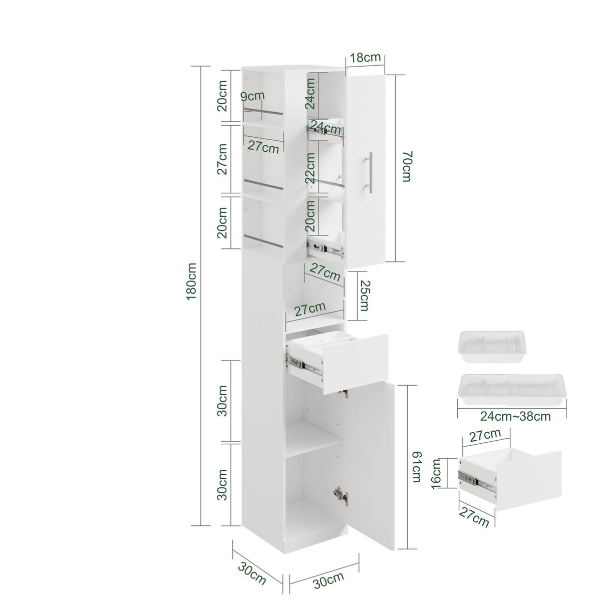 HOCHSCHRANK mit Schubladen und offenen Regalen BZR242-W - Silberfarben/Weiß, Holzwerkstoff/Metall (30/180/30cm) - SoBuy