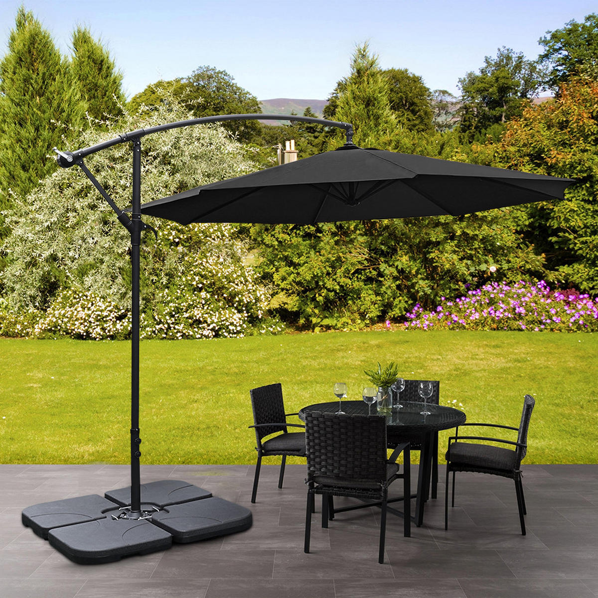 AMPELSCHIRM mit Sonnenschirmständer aus Polyester Metall in Schwarz mit quadratischer befüllbarer Kunststoff-Sockel drehbar 360° neigbar 60° 3 x 2.6m - Schwarz, Metall (300/240cm) - Livingandhome