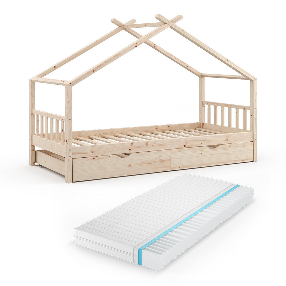 HAUSBETT Design Naturholz 90x200 cm mit Gästebett und Matratze - Naturfarben, Holz (90/200cm) - VitaliSpa