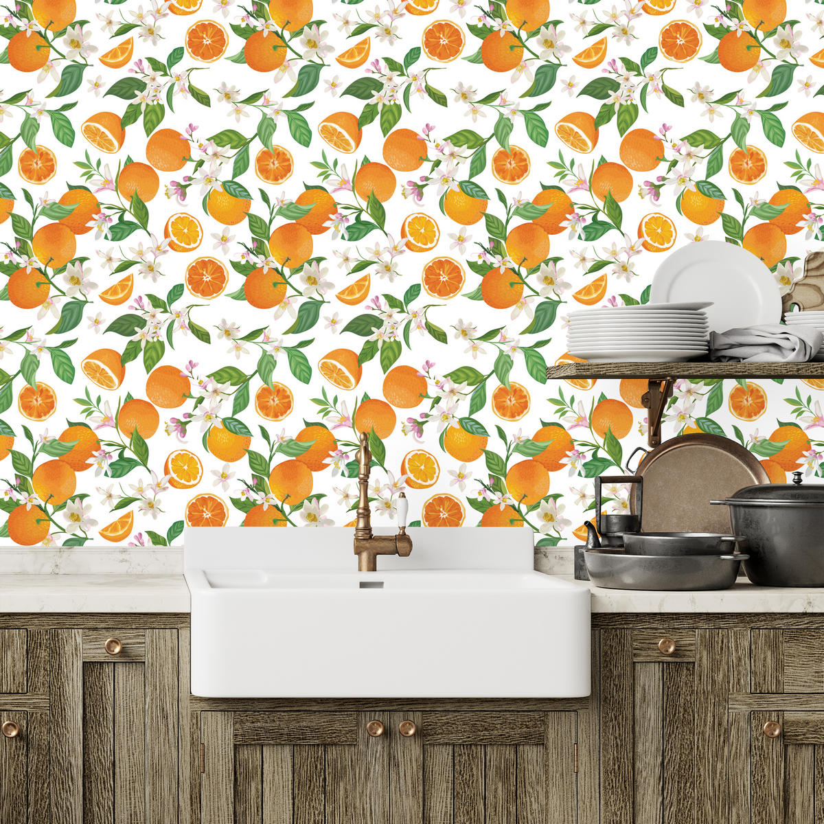 VLIESTAPETE Orangen und Blüten – Orange, Grün, Weiß – 50x1000 cm - Orange/Weiß, Papier (50/1000cm) - Muralo