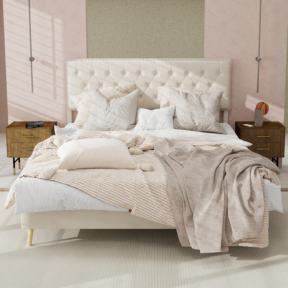 POLSTERBETT 140/200 cm in Beige Samt mit Stauraum - Beige, Holzwerkstoff/Textil (140/200cm) - WISHDOR
