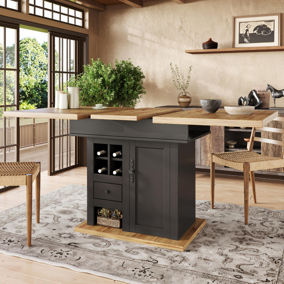 ESSTISCH 110-140/80/75 cm in Schwarz/Natur aus MDF mit Stauraum - Schwarz, Holzwerkstoff (140/80/75cm) - Flora Grace