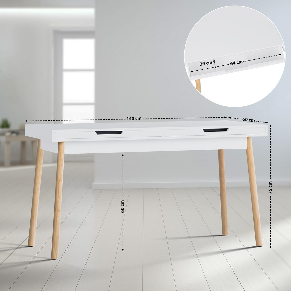 SCHREIBTISCH 140/60/75 cm Holz weiß - Eukalyptusholzfarben/Weiß, Holz (60/140/75cm) - CLP
