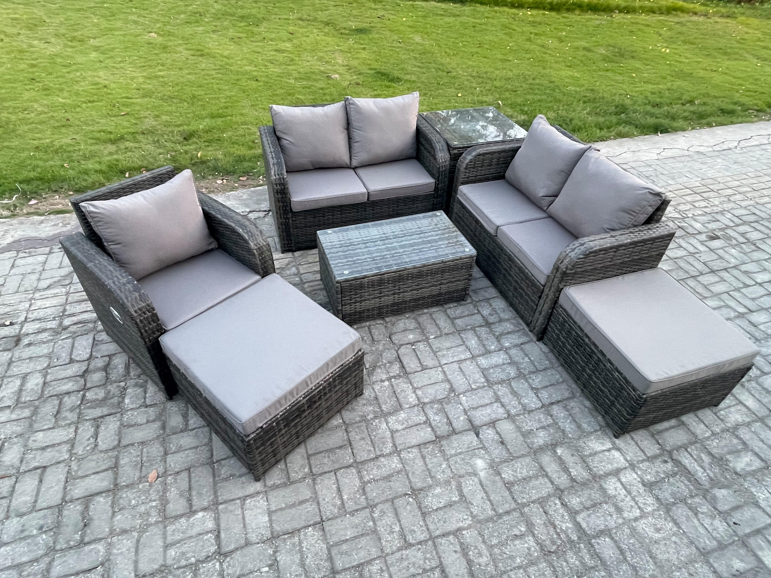 LOUNGESOFA-SET Polyrattan Dunkelgrau 7-Sitzer - Dunkelgrau, Metall - Fimous
