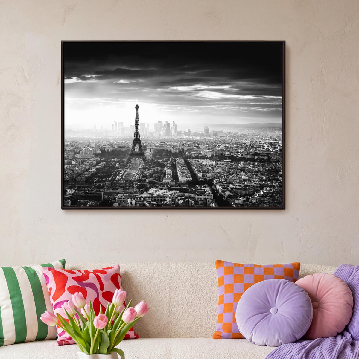 LEINWAND Bilder mit Rahmen - Paris - Skyline - Eiffelturm - Stadt - Wolken - 100x70 - Dunkelgrau, Textil (100/70cm) - MuchoWow