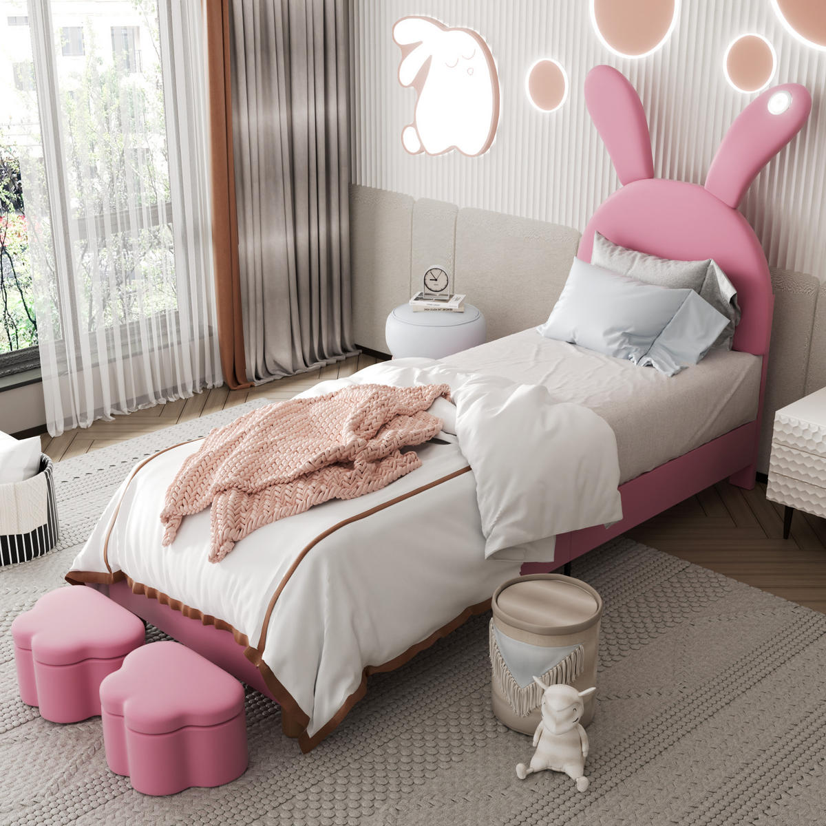 POLSTERBETT 90/200 cm Pink mit Stauraumbänken mit LED-Beleuchtung - Rosa, Textil (90/200cm) - OKWISH