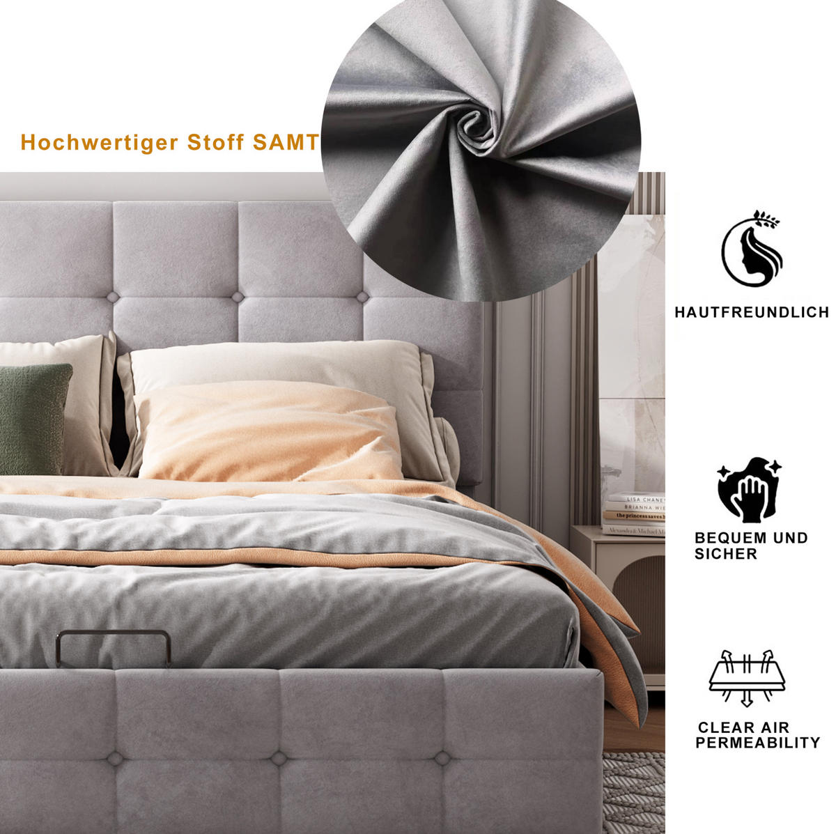 POLSTERBETT 140/200 cm Grau aus Samtstoff mit Bettkasten - Grau, Textil (140/200cm) - OKMYHOME