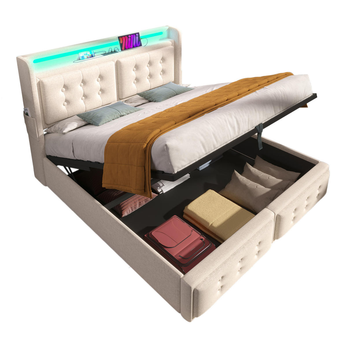 POLSTERBETT 180/200 cm mit Bettkasten, LED & USB/Typ-C, gepolstertes Kopfteil, Beige - Beige, Textil (180/200cm) - Redom