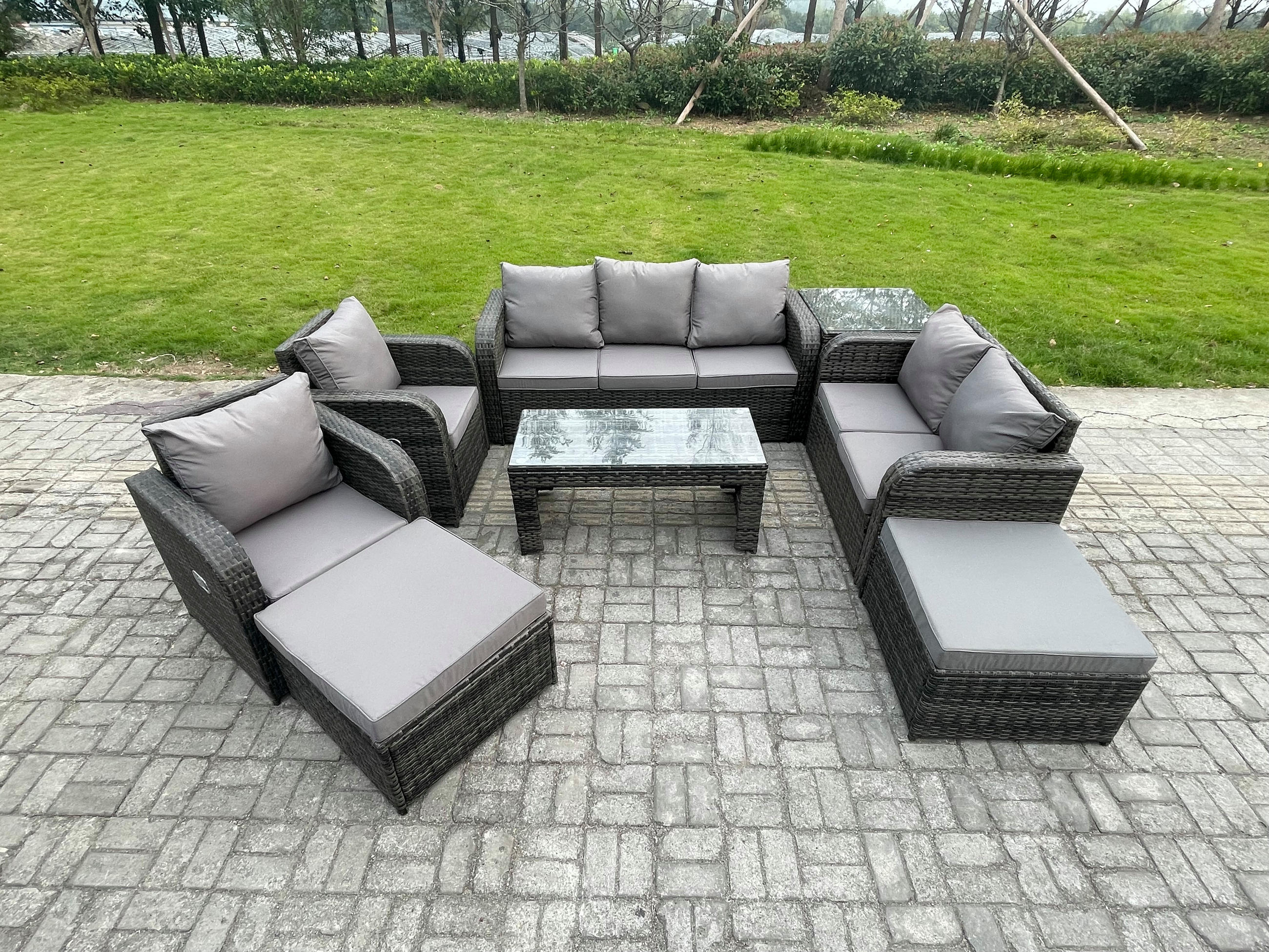 GARTENSOFA SET mit rechteckigem COUCHTISCH Polyrattan 9-Sitzer Dunkelgrau - Dunkelgrau/Grau, Glas/Kunststoff - Fimous