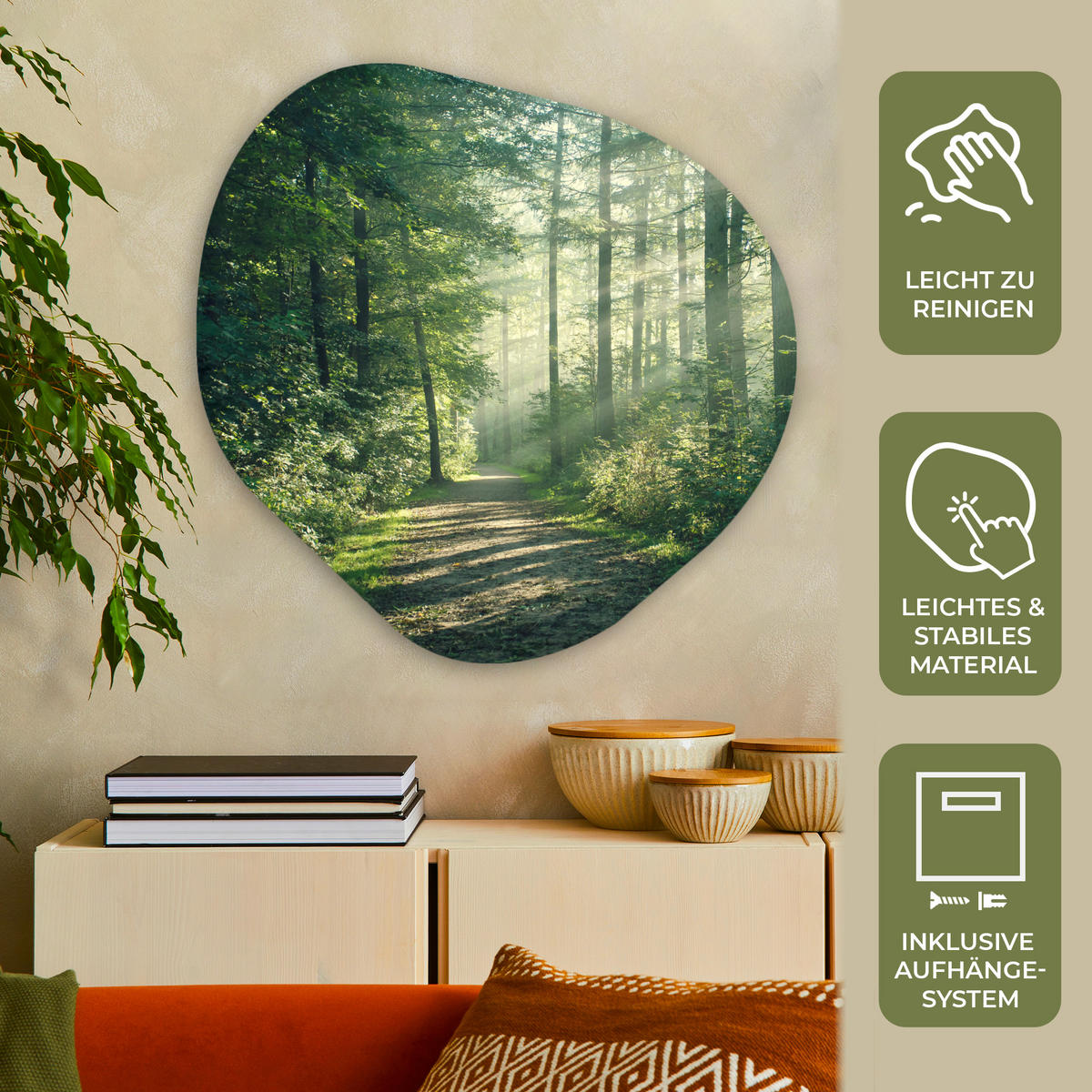 WANDBILD Wald - Weg - Sonne - Bäume - Grün - Natur 90x90 cm - Waldgrün, Kunststoff (90/90cm) - MuchoWow