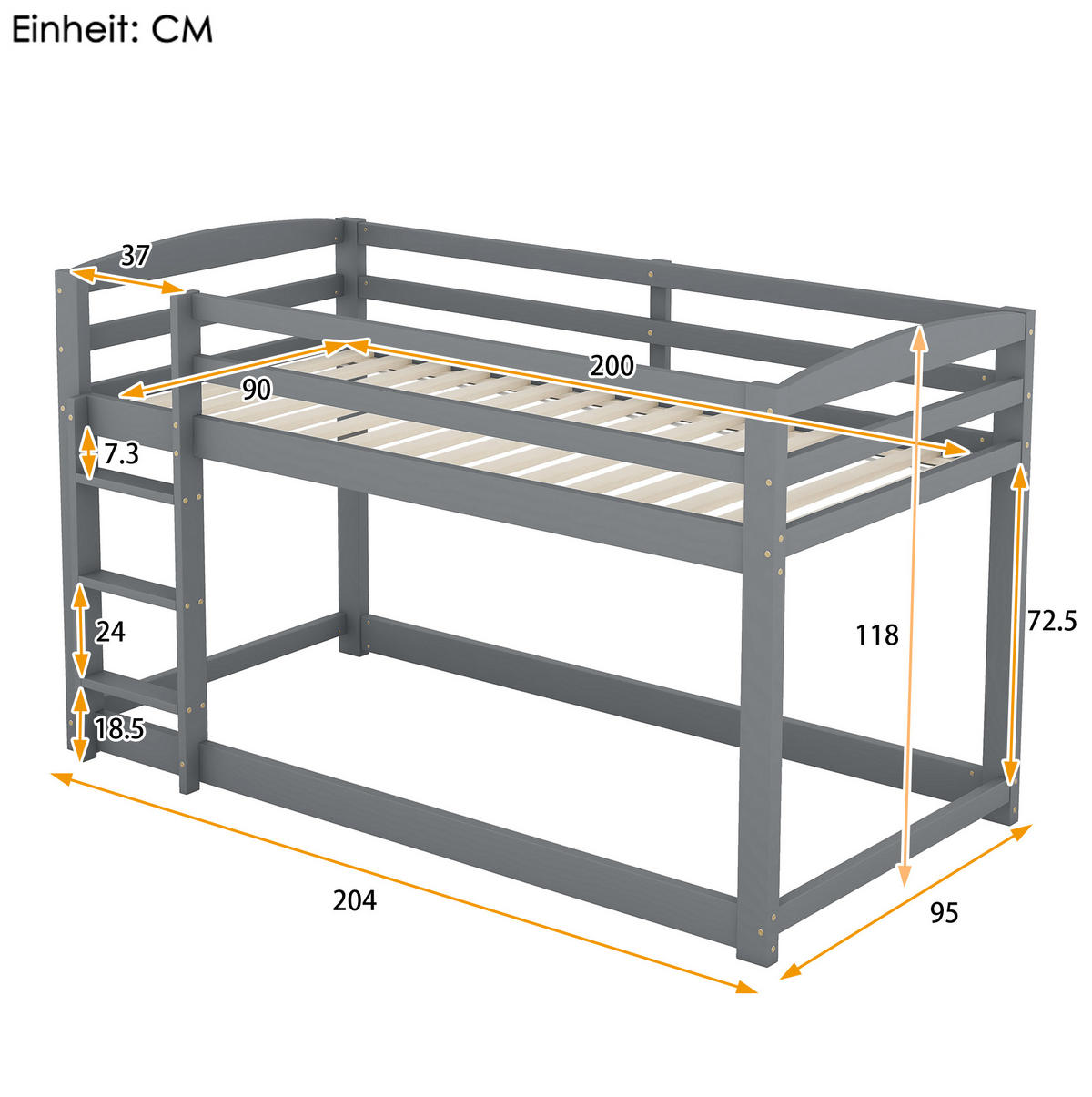 ETAGENBETT 90/200 cm mit niedriger Bauweise und Sicherheitsgeländer aus Kiefer massiv, Natur - Grau, Holzwerkstoff (90/200cm) - Redom