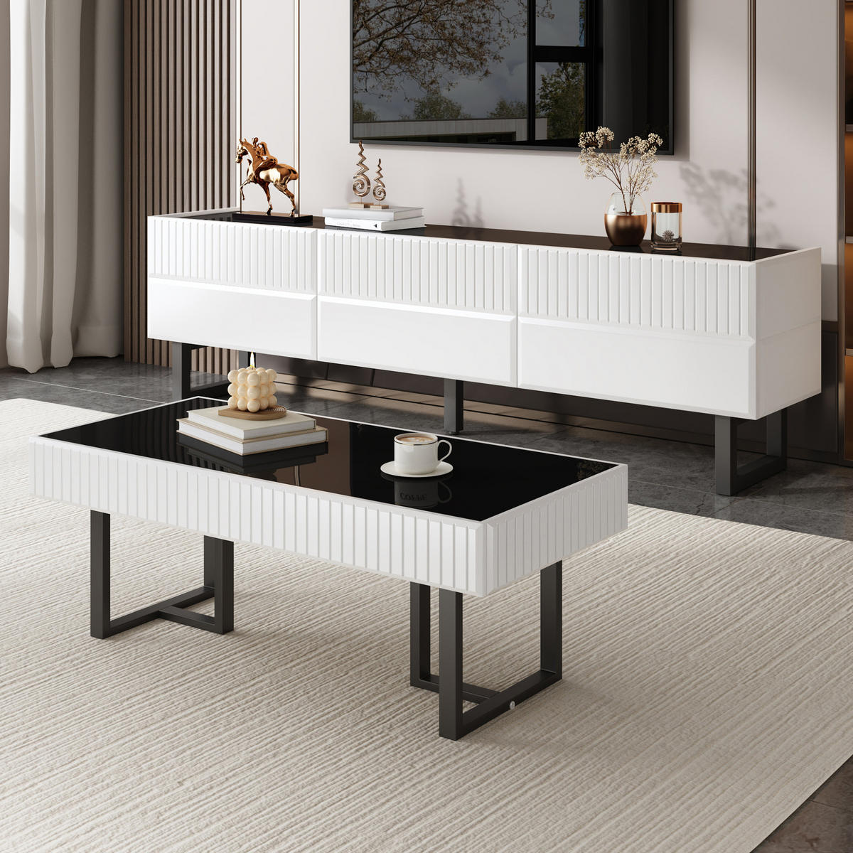 COUCHTISCH- und TV-Möbel-Set 170/35/47 cm und 110/50,5/41 cm mit Stauraum und Hochglanz-Oberfläche, Schwarz/Weiß - Schwarz, Holzwerkstoff (170/47/35cm) - Redom