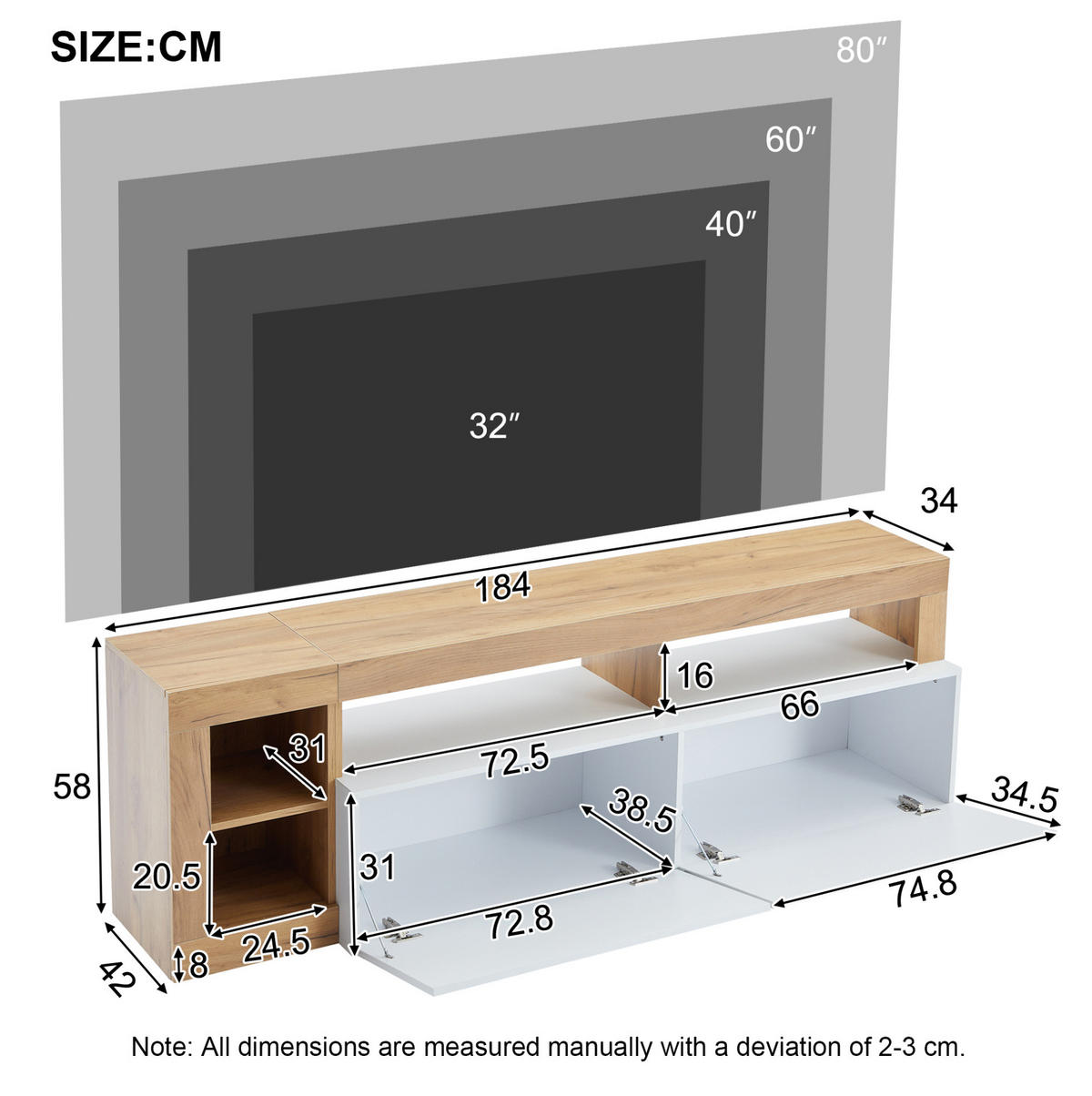 TV stolek 184/42/58 cm bílý z dřevotřísky s LED osvětlením a úložným prostorem - bílá, kompozitní dřevo (184/58/42cm) - OKWISH