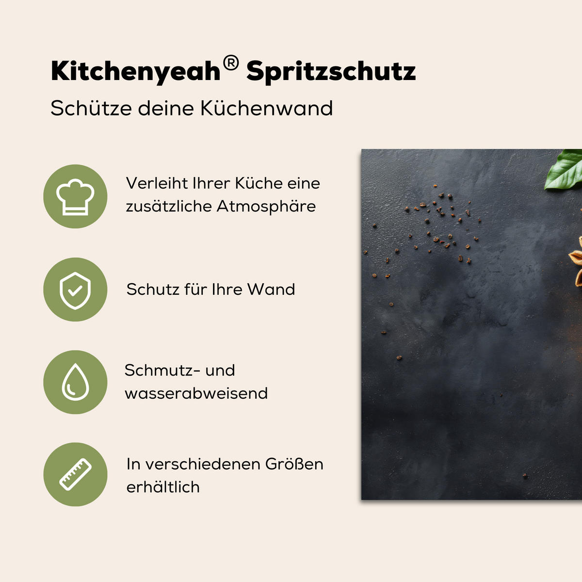 SPRITZSCHUTZ KÜCHE Zimt - Beton - Kaffee - Zimtstangen - Gewürze 90x60 cm - Mokka, Metall (90/0.3/60cm) - MuchoWow