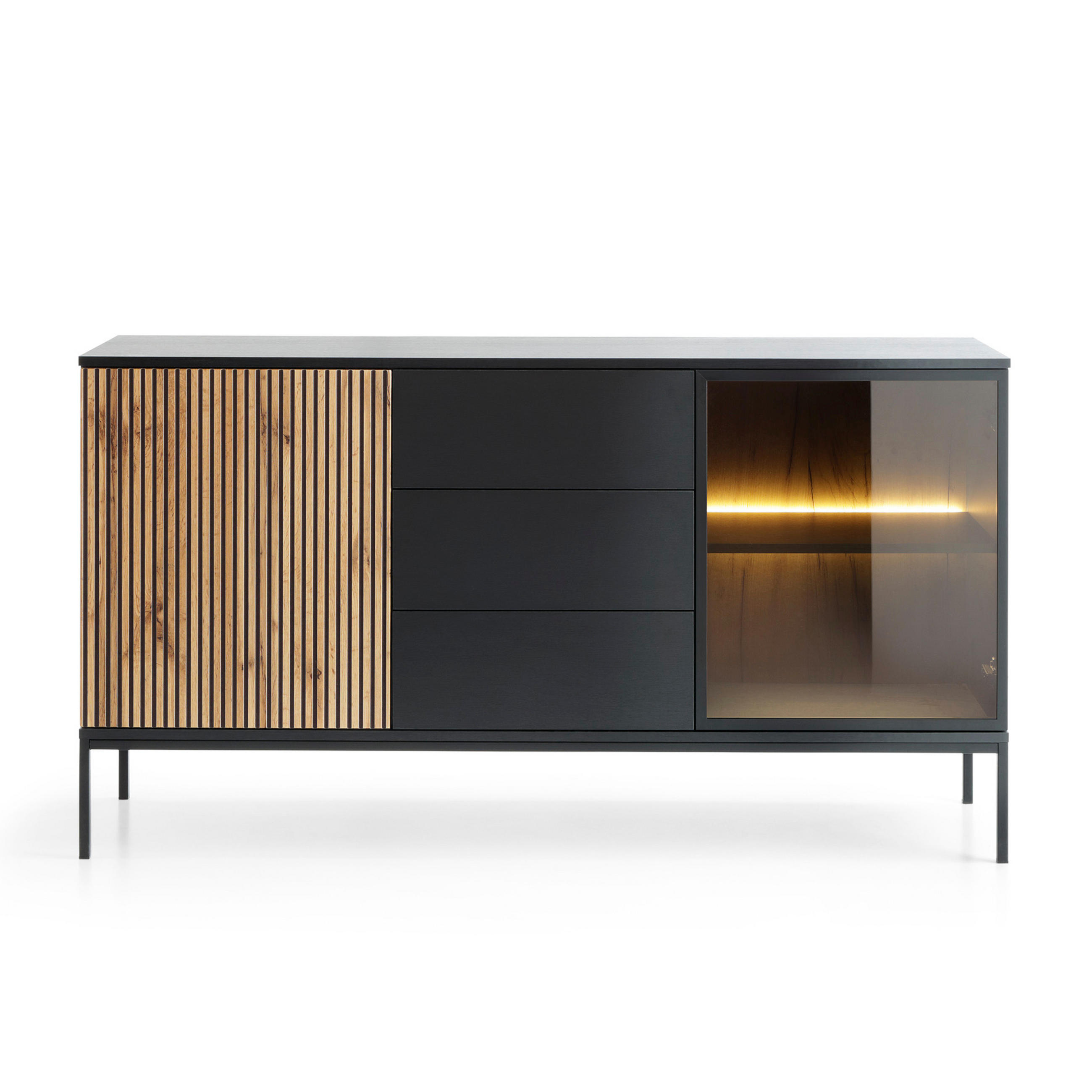 SIDEBOARD Laval KSZ154 – Eiche Wotan, Schwarz, mit Lamellen - Eichefarben/Eiche Wotan, Glas/Holzwerkstoff (154/83/39cm) - Komodee