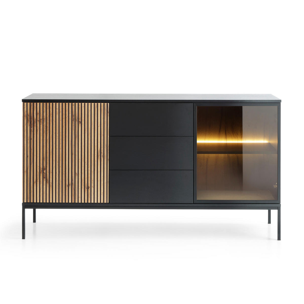 SIDEBOARD Laval KSZ154 – Eiche Wotan, Schwarz, mit Lamellen - Eichefarben/Eiche Wotan, Glas/Holzwerkstoff (154/83/39cm) - Komodee