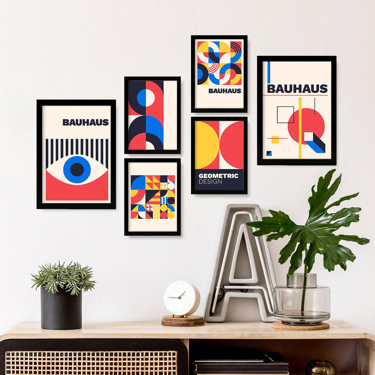 POSTER Set Mit 6 Drucken Im Bauhaus 3 Geometrische Designkollektion Drucke Mit Ästhetische Dekorative Rahmen Für Zuhause A3 & A4 Schwarzer Rahmen - Schwarz, Papier (29/3cm) - Nacnic